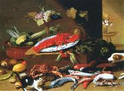 Chien et chat devant un homard Jan Van Kessel